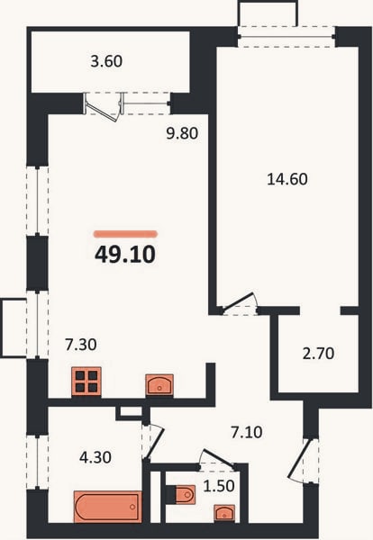 Планировка: 1-к, 49,1 м²