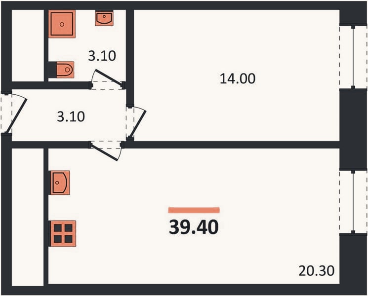Планировка: 1-к, 39,4 м²