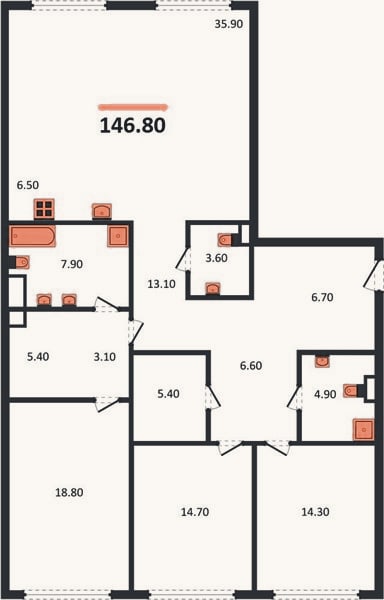 Планировка: 3-к, 146,8 м²
