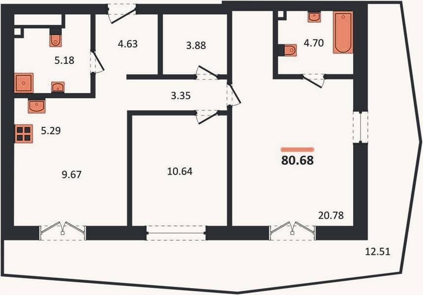 Планировка: 2-к, 80,7 м²