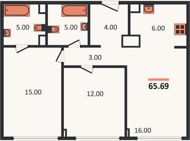 Планировка: 2-к, 65,7 м²