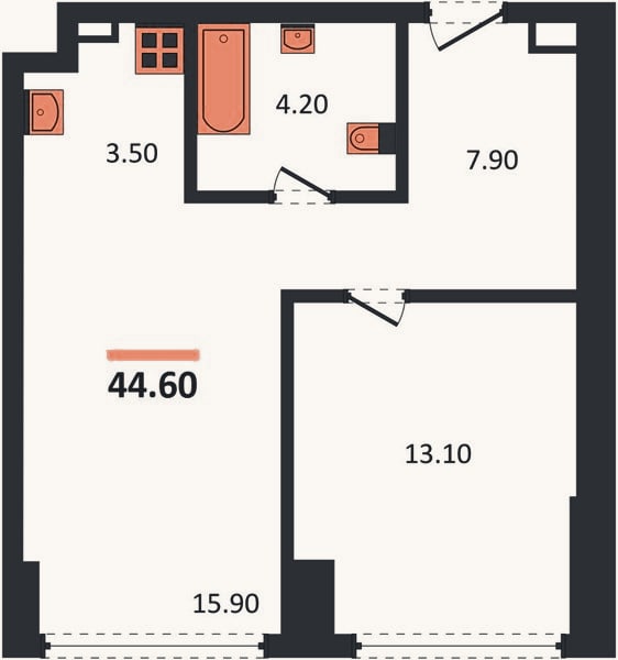 Планировка: 1-к, 44,6 м²