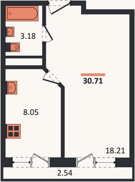 Планировка: 1-к, 30,8 м²