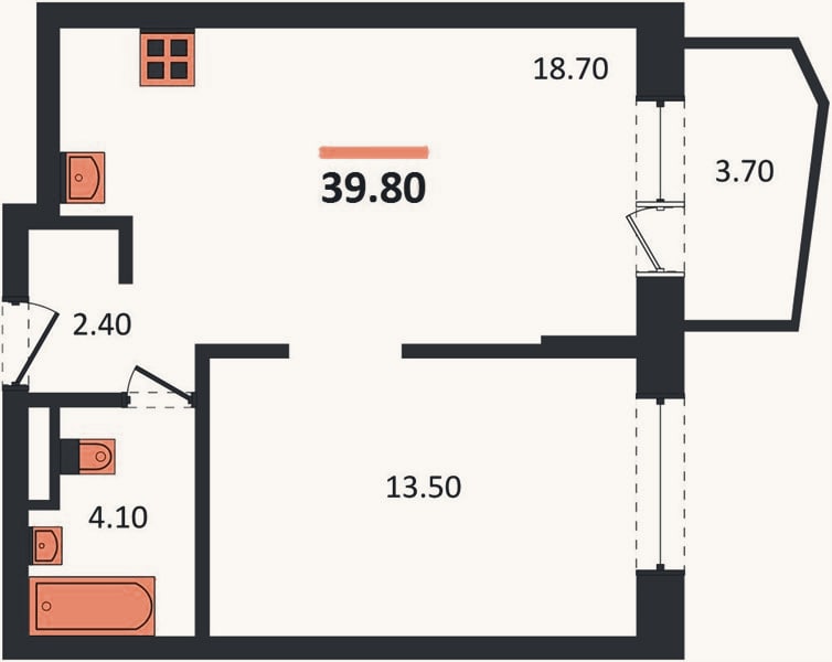 Планировка: 1-к, 39,8 м²