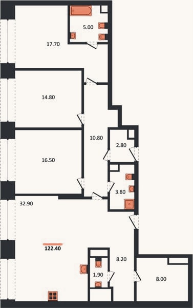 Планировка: 3-к, 122,4 м²