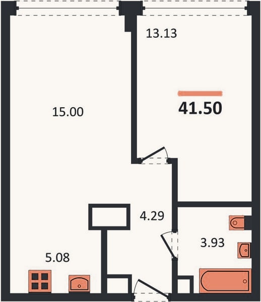 Планировка: 1-к, 41,5 м²