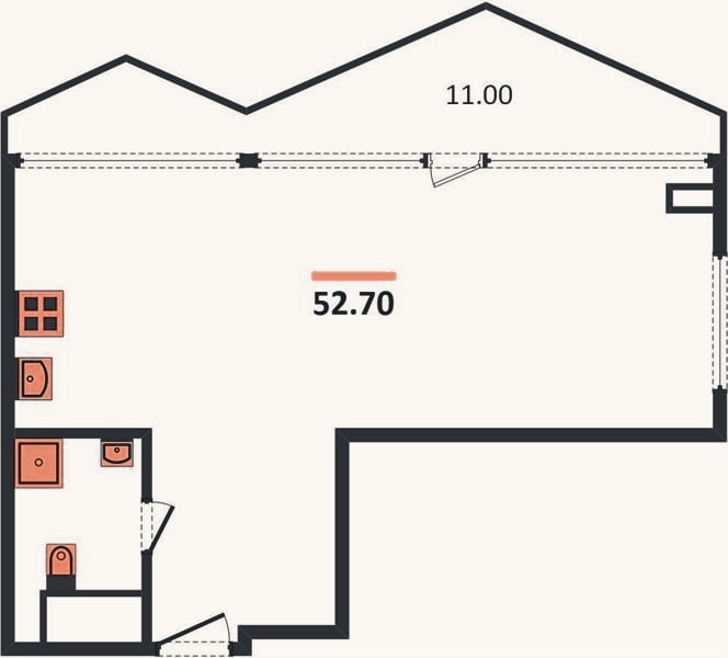Планировка: 1-к, 52,7 м²