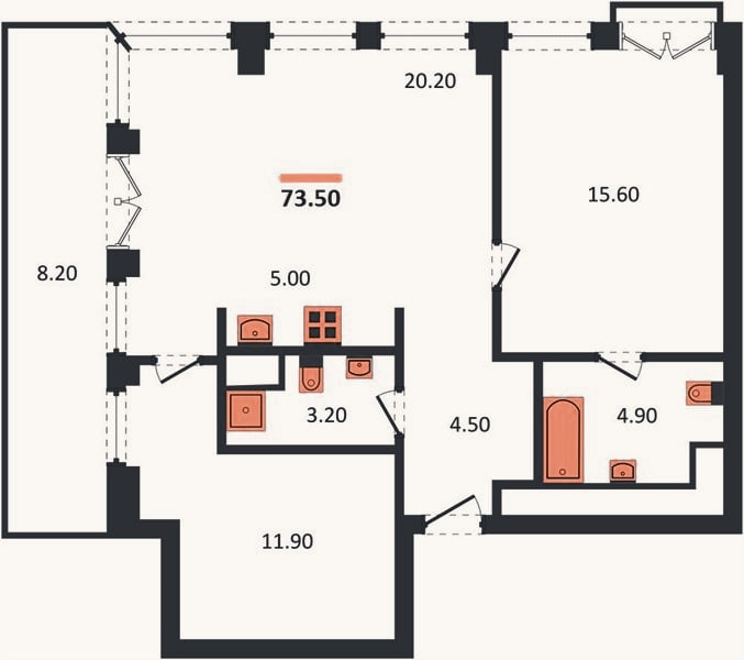 Планировка: 2-к, 73,5 м²