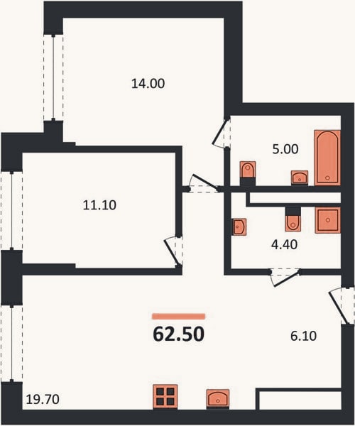Планировка: 2-к, 62,5 м²