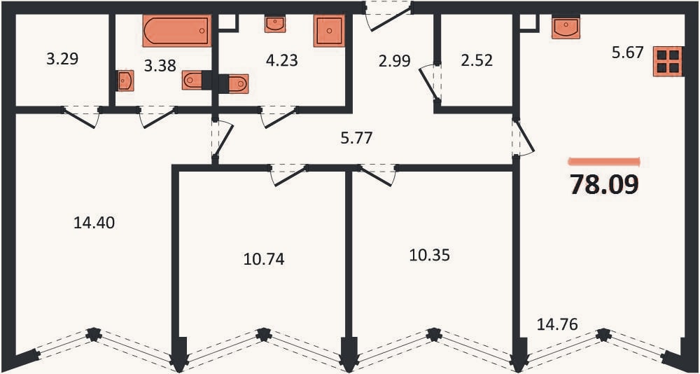 Планировка: 3-к, 78,1 м²