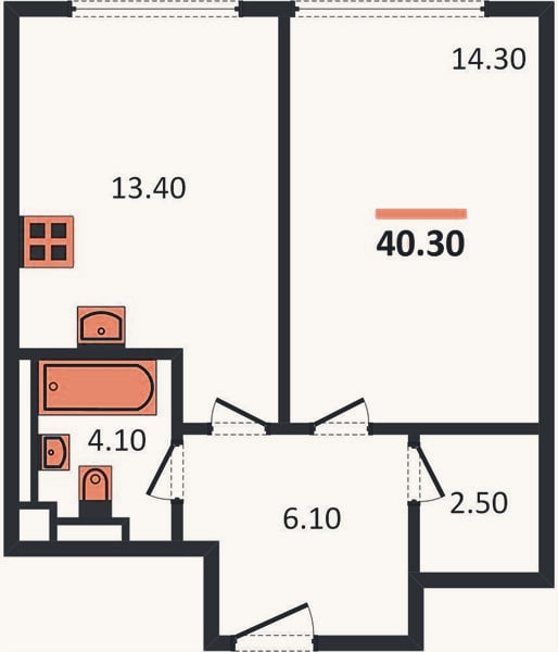 Планировка: 1-к, 40,3 м²