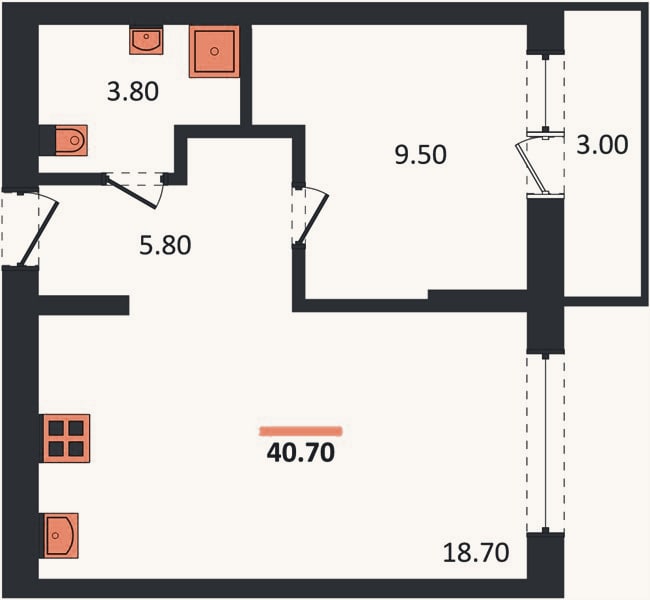Планировка: 1-к, 40,7 м²