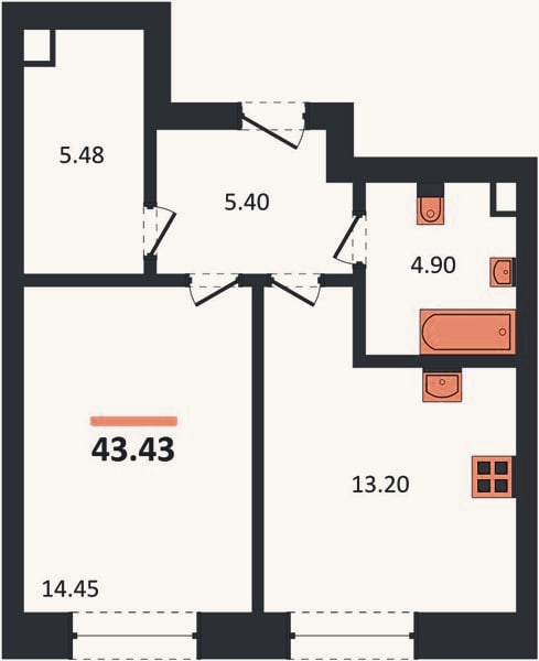 Планировка: 1-к, 43,4 м²