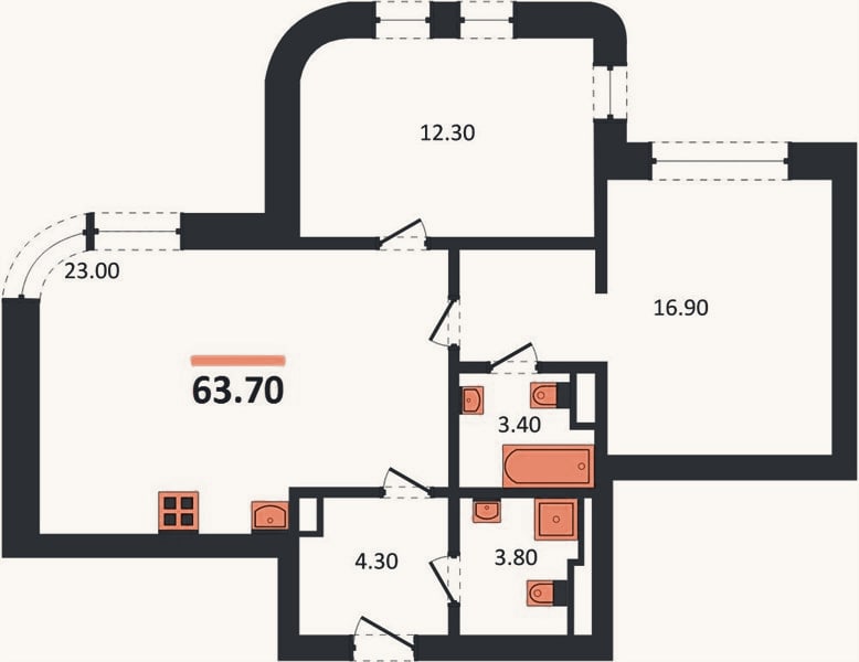 Планировка: 2-к, 63,7 м²
