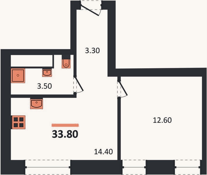 Планировка: 1-к, 33,8 м²