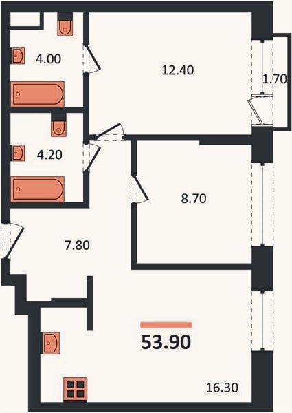 Планировка: 2-к, 53,9 м²