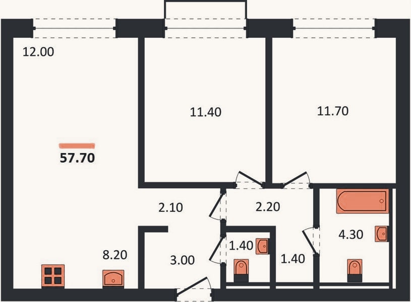 Планировка: 2-к, 57,7 м²