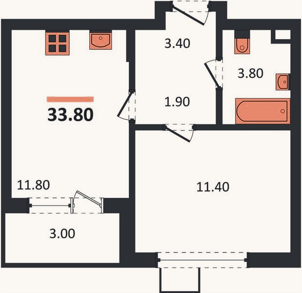 Планировка: 1-к, 33,8 м²