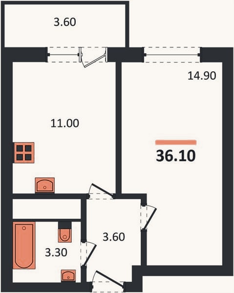 Планировка: 1-к, 36,1 м²