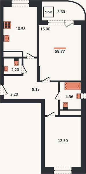 Планировка: 2-к, 58,8 м²