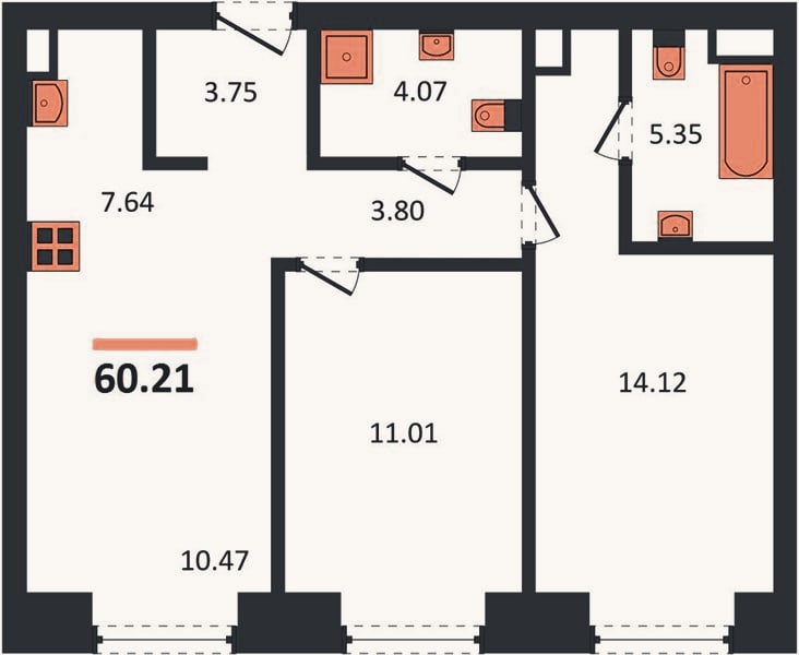 Планировка: 2-к, 60,2 м²