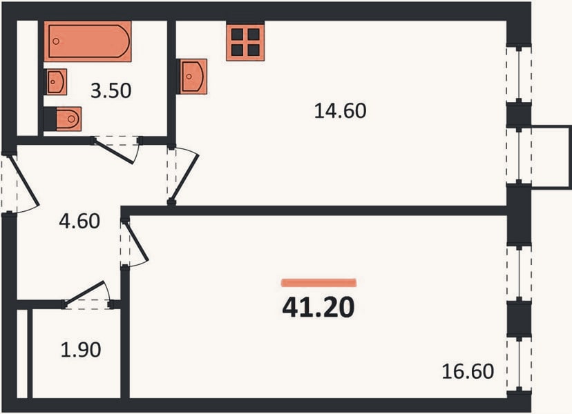 Планировка: 1-к, 41,2 м²