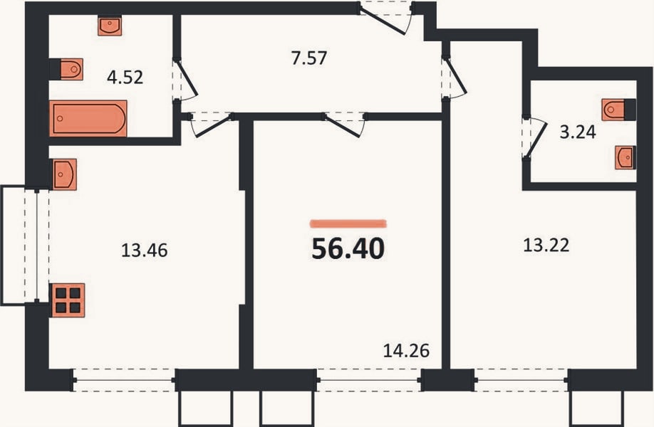 Планировка: 2-к, 56,4 м²