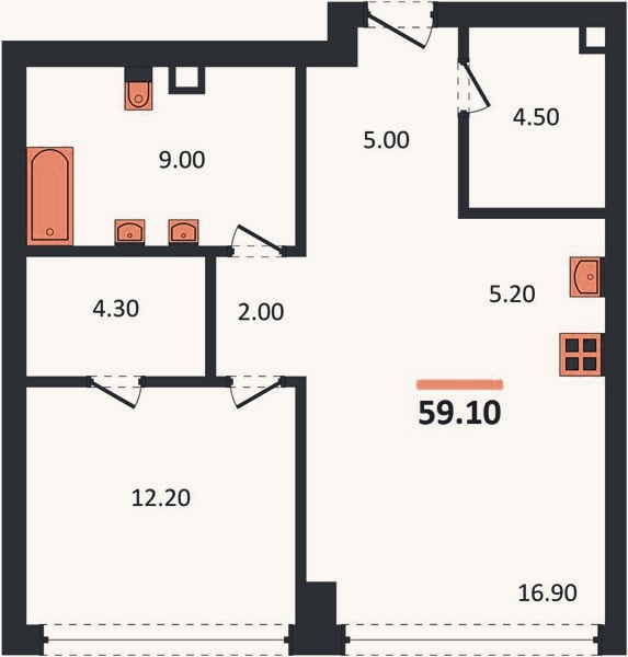Планировка: 1-к, 59,1 м²