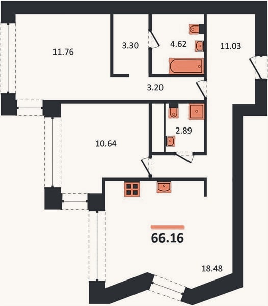 Планировка: 2-к, 66,2 м²