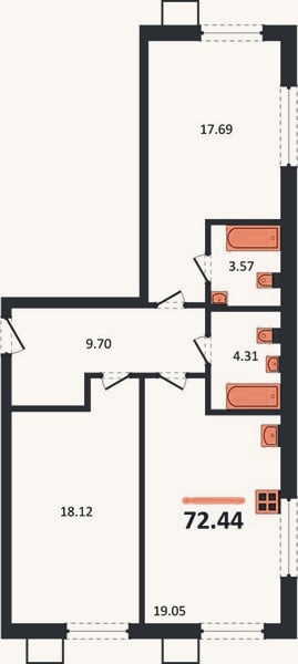 Планировка: 2-к, 72,4 м²