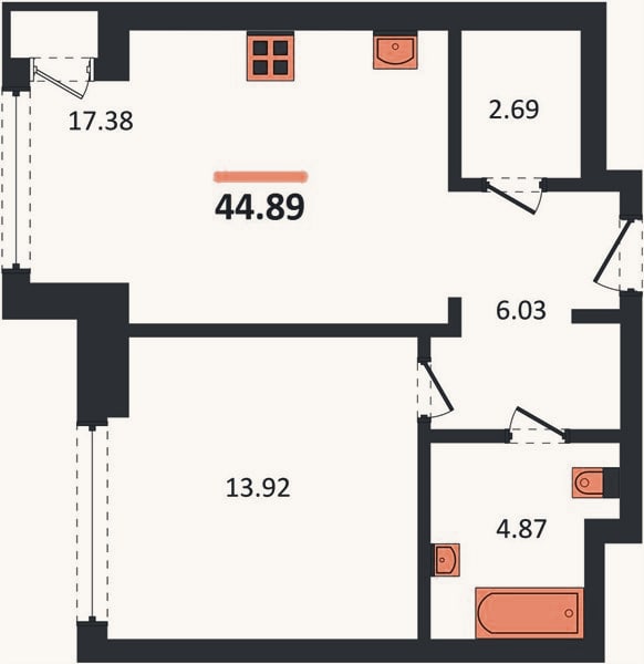 Планировка: 1-к, 44,9 м²