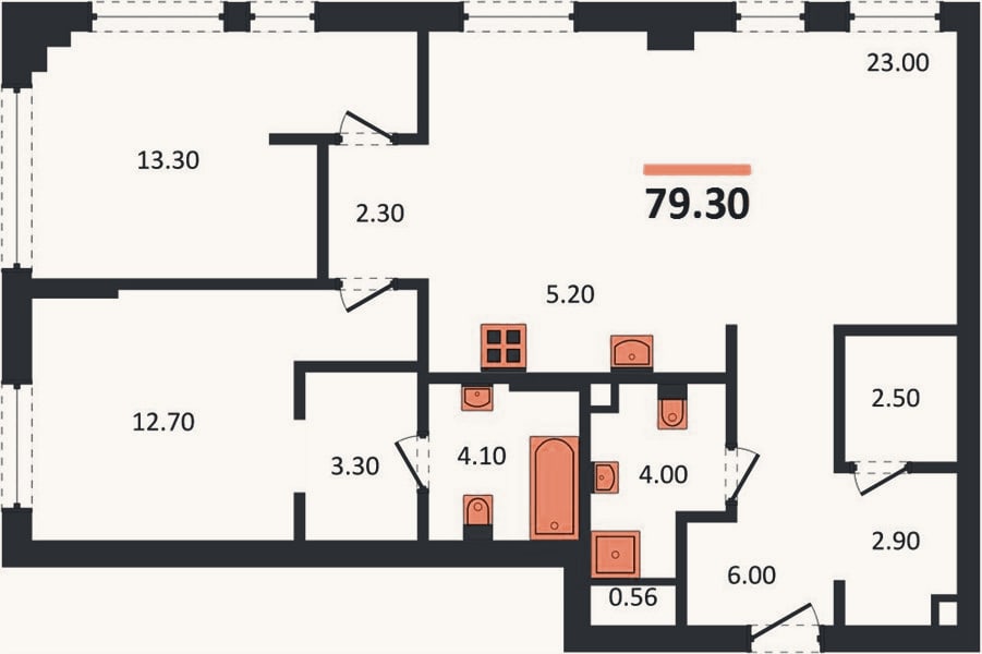 Планировка: 2-к, 79,3 м²