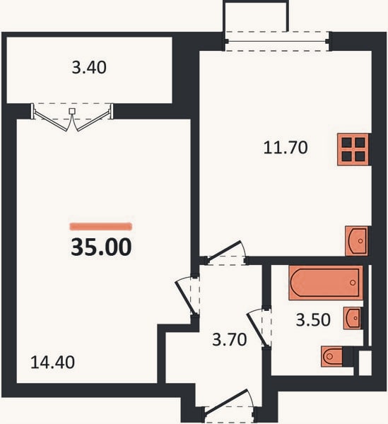 Планировка: 1-к, 35 м²