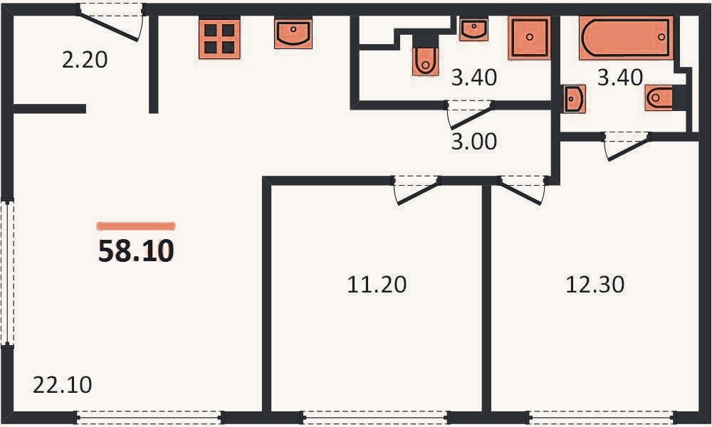 Планировка: 2-к, 58,1 м²