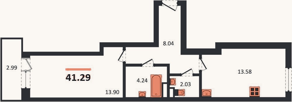 Планировка: 1-к, 41,3 м²