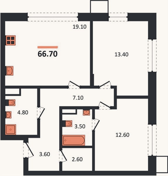 Планировка: 2-к, 66,7 м²