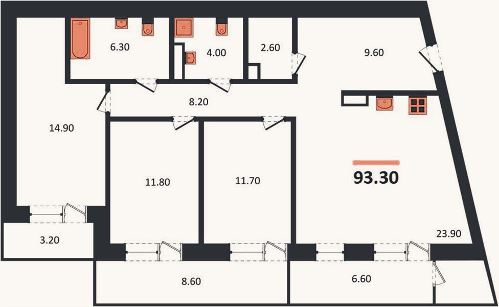 Планировка: 3-к, 93,3 м²