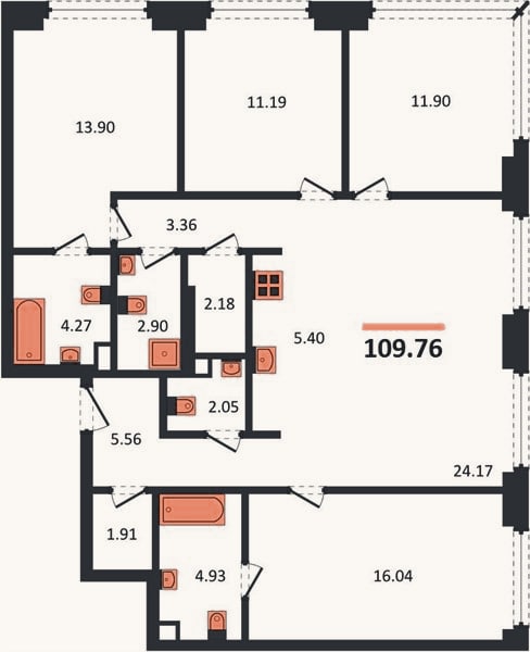 Планировка: 4+ к, 109,8 м²
