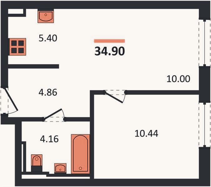 Планировка: 1-к, 34,9 м²