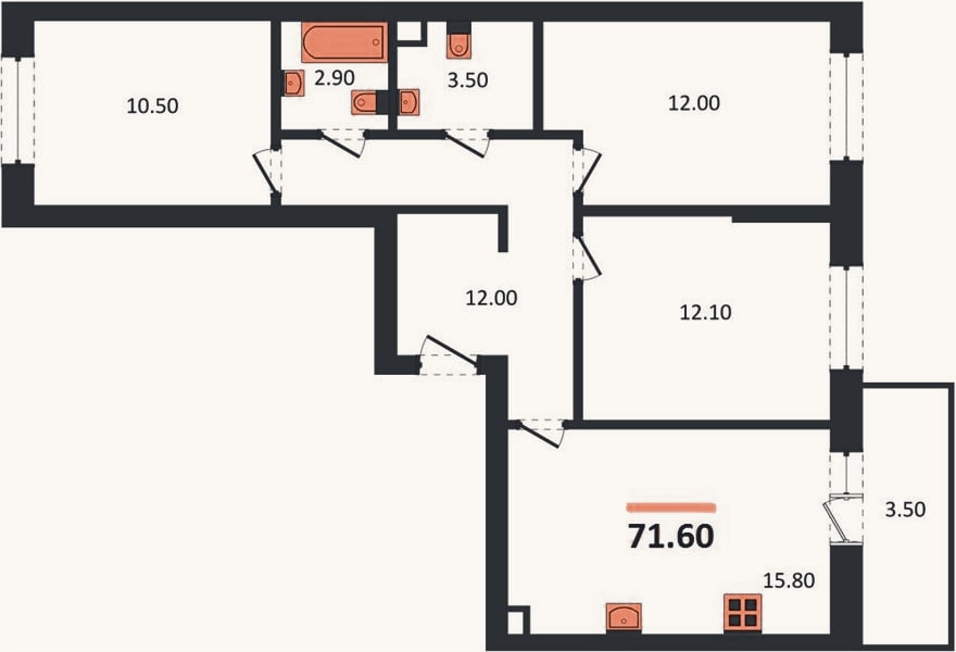 Планировка: 3-к, 71,6 м²