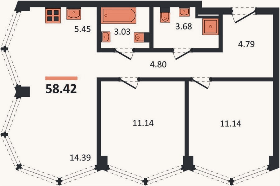 Планировка: 2-к, 58,4 м²