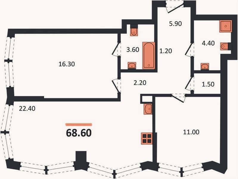 Планировка: 2-к, 68,6 м²