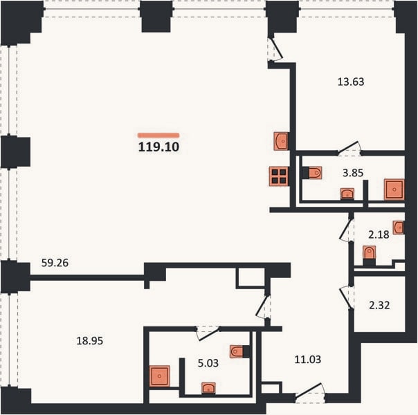 Планировка: 2-к, 119,1 м²
