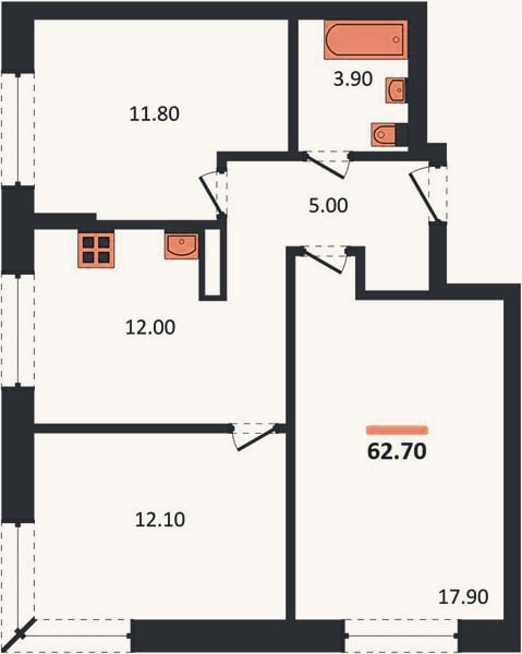 Планировка: 3-к, 62,7 м²