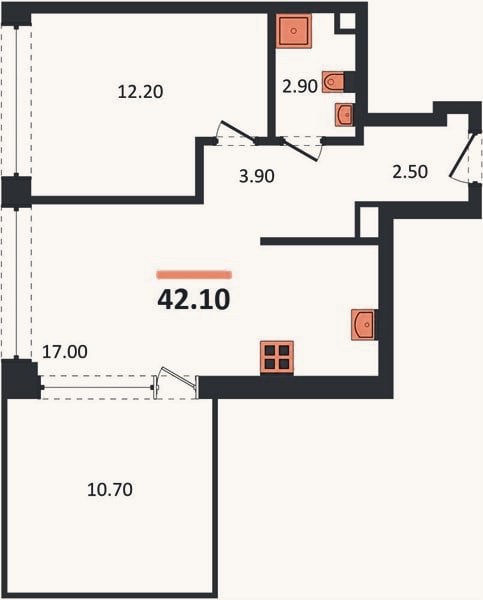 Планировка: 1-к, 42,1 м²