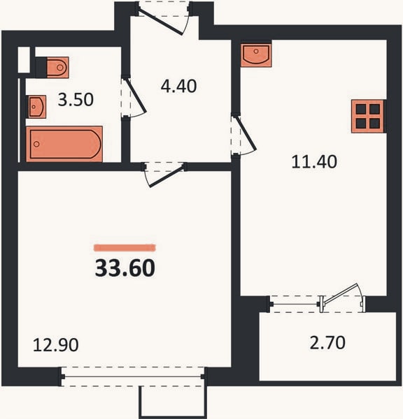 Планировка: 1-к, 33,6 м²