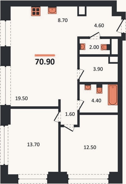 Планировка: 2-к, 70,9 м²