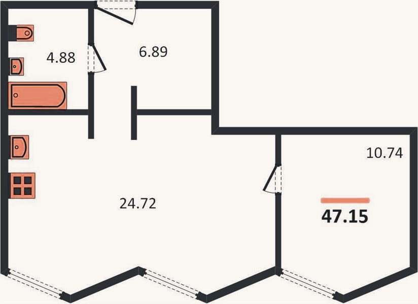 Планировка: 1-к, 47,2 м²