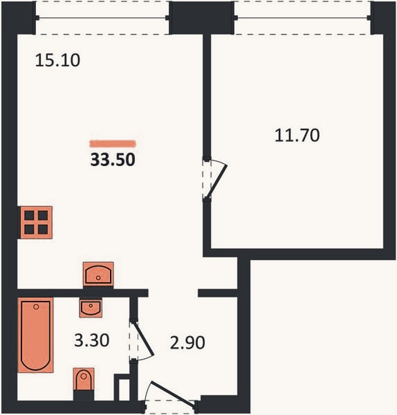 Планировка: 1-к, 33,5 м²