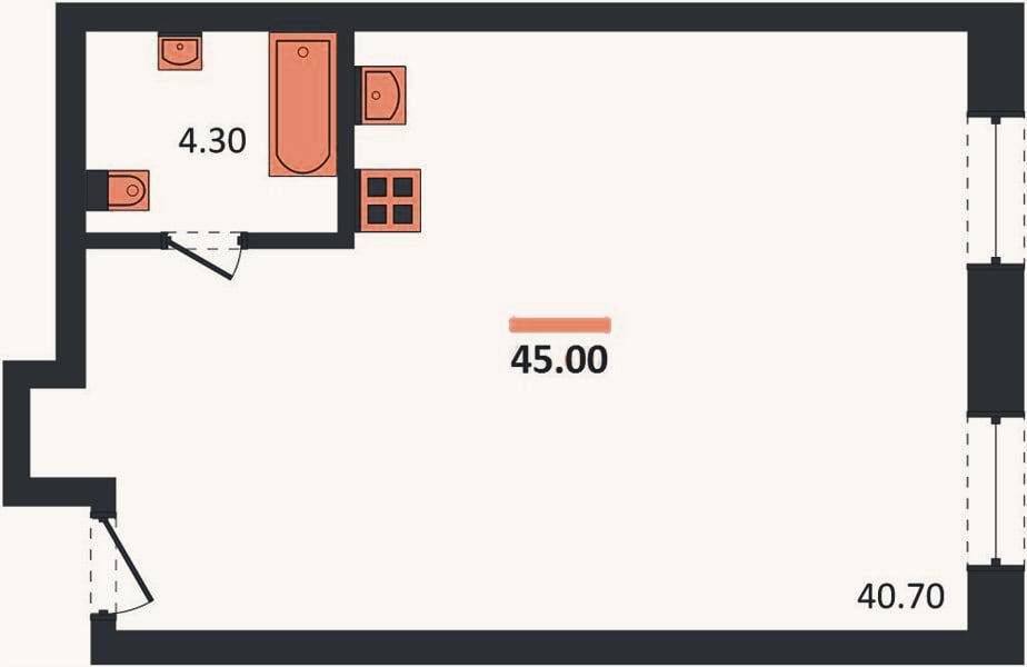 Планировка: Студия, 45 м²